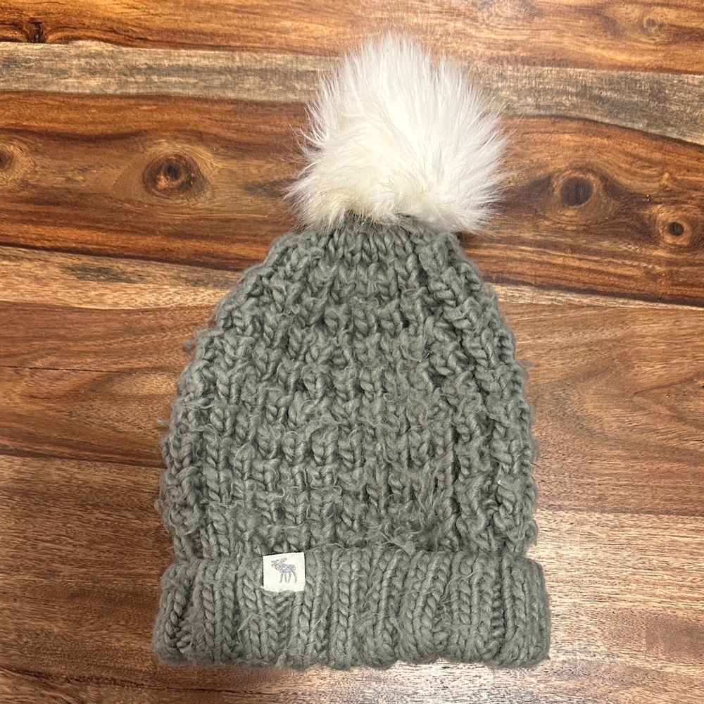 Abercrombie & Fitch Kids sage Gray Knit Beanie with White Pom-Pom